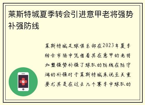 莱斯特城夏季转会引进意甲老将强势补强防线 莱斯特城夏季转会引进意甲老将强势补强防线