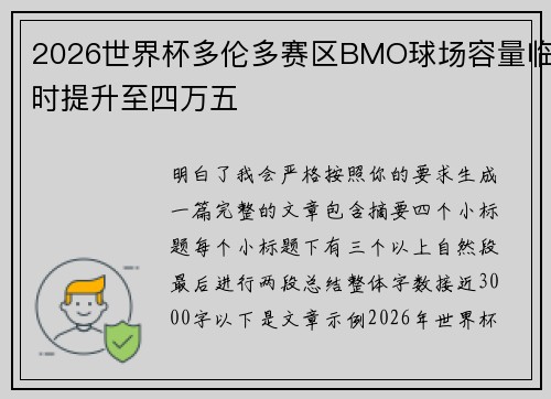 2026世界杯多伦多赛区BMO球场容量临时提升至四万五 2026世界杯多伦多赛区BMO球场容量临时提升至四万五